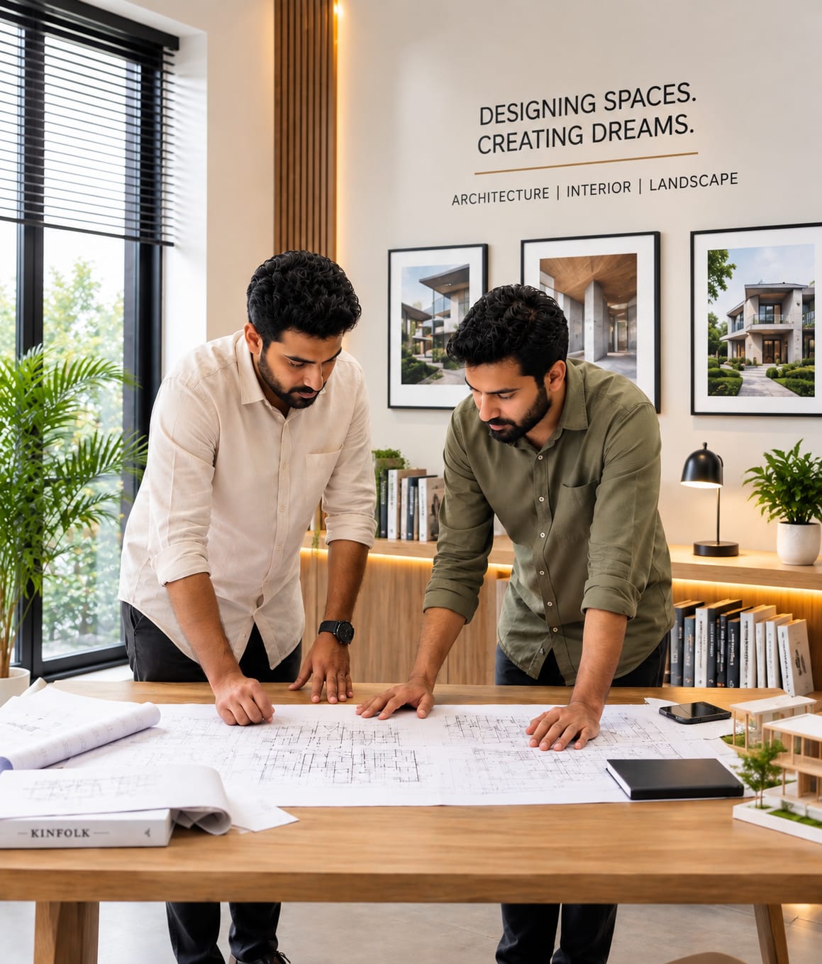 Architects reviewing blueprints in a minimal studio